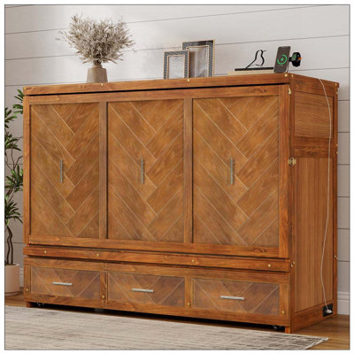 Lit escamotable, armoire en bois de pin avec station de charge USB intégrée et panneau de décoration géométrique