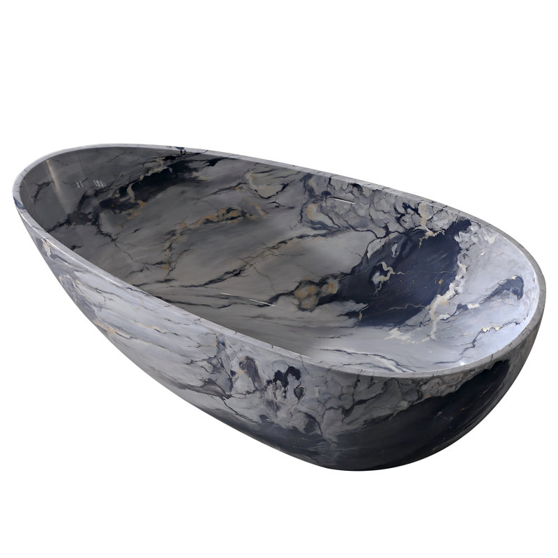 Baignoire autoportante de 59 po à surface solide avec finition en marbre de style encre, baignoire en pierre de résine de conception d'œuf avec dossier
