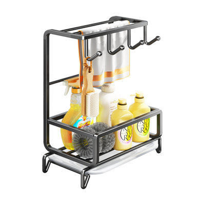 No-Drill Kitchen Sponge Towel Rack - Wall Mounted Holder With Hooks For Cloths And Scrubbers
