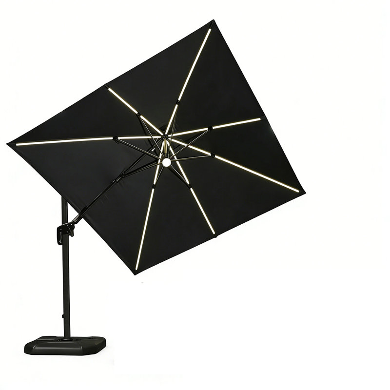 10' Square Lighted Cantilever Swivel Grey Umbrella with Solar Powered LED Swivel and Base, Grey
