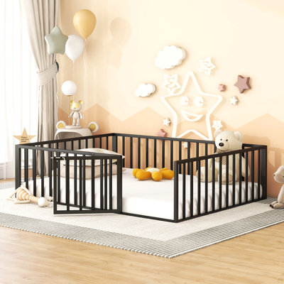 Queen Size Metal Floor Bed Frame With Fence And Door