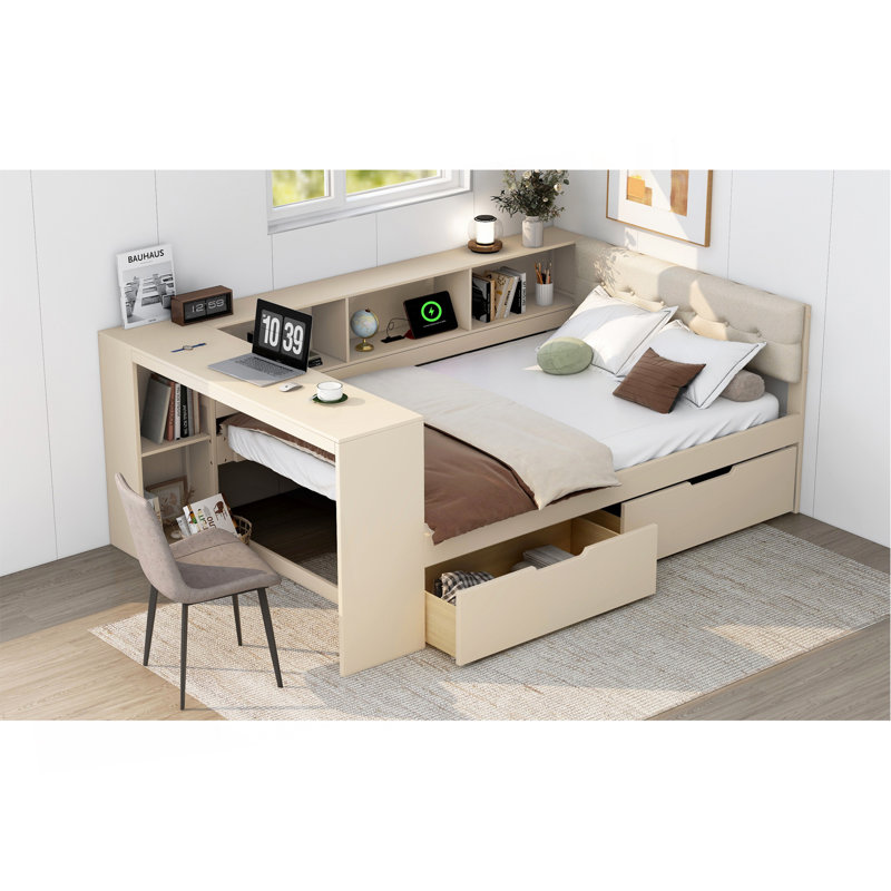 Lit plateforme en bois pleine grandeur avec tablettes de rangement, tiroirs, station de charge et tête de lit tapissier, crème