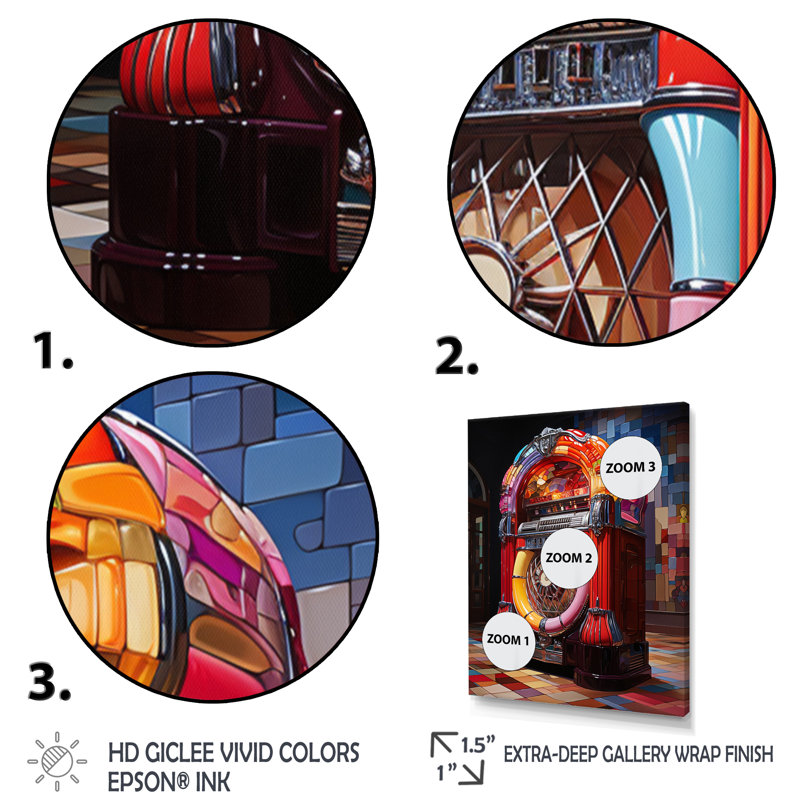 Jukeboxes Nostalgic Melodies II - Entertainment Canvas Prints, Encadrement doré, H 20 po x l 12 po x P 1 po