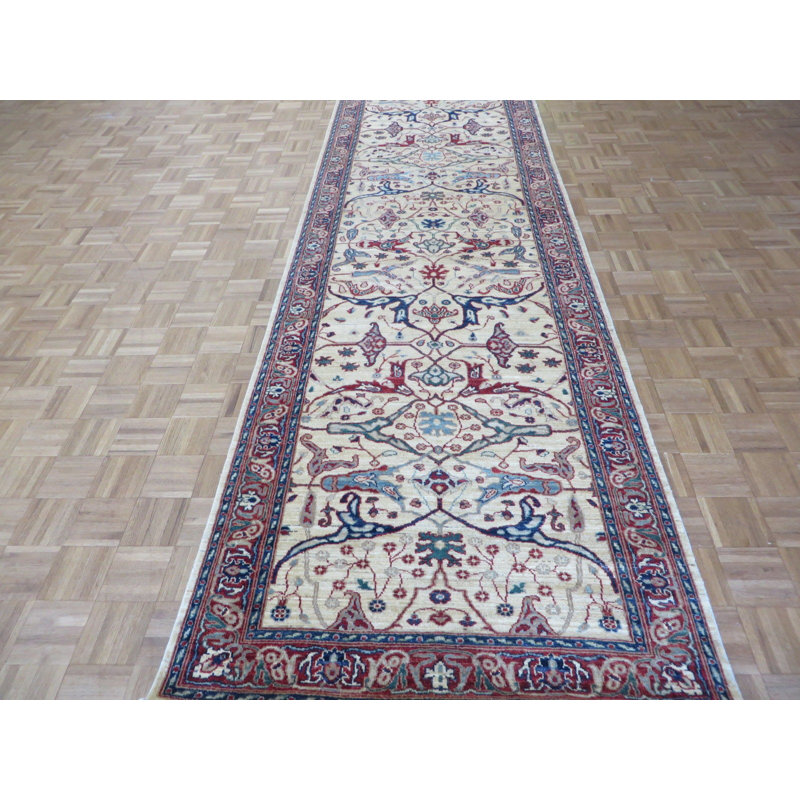 Tapis de zone en laine beige/rouge 4 pi x 13 pi 10 po one-of-kind à la main noué la Beaumont