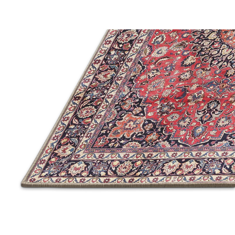 Rouge oriental/bleu marine/beige Tapis décoratif, Rectangle 5 pi x 7 pi