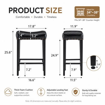 Set of 2 Leather Bar Stools with Curved Saddle Seats for Kitchen Island, Industrial Counter Height Stools with Sturdy Metal Base