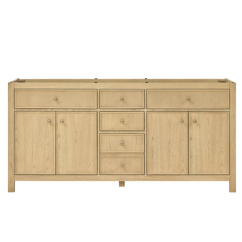 Meuble-lavabo double 72 po Rian en chêne scandinave, sans comptoir, sans lavabo, garniture bronze satiné