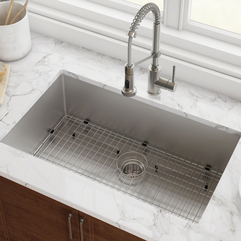 KRAUS Standart Pro Undermount 16 Gauge Stainless Steel Bar Kitchen Sink, 10"H x 19"W x 32.75"L, Large Bowl on Right