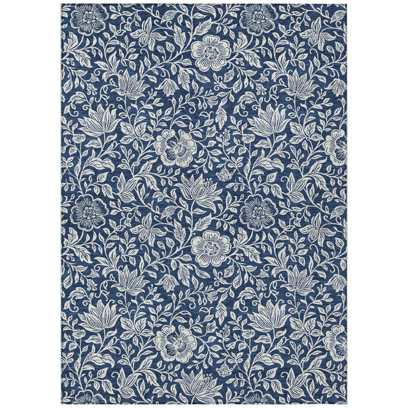 Machine Washable Indoor/Outdoor Chantille ACN2572 Floral Rug, Navy, 5' x 7'6"
