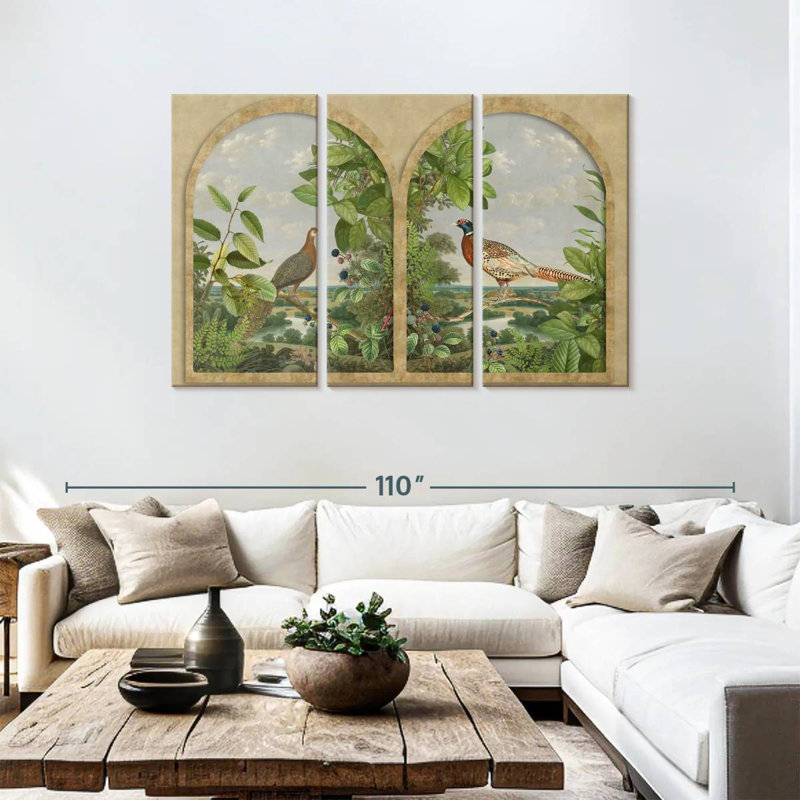 Fenêtre antique Brampt avec oiseaux nordiques, H 48 po x l 74 po