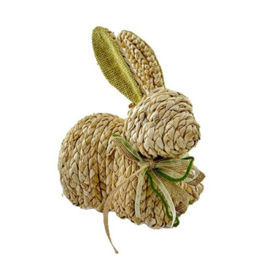 Straw Woven White Tailed Bunny Figurine For Easter Indoor Decoration