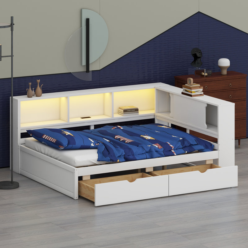 Contemporary Daybed with Integrated LED System, USB Ports, and Storage Solution, White
