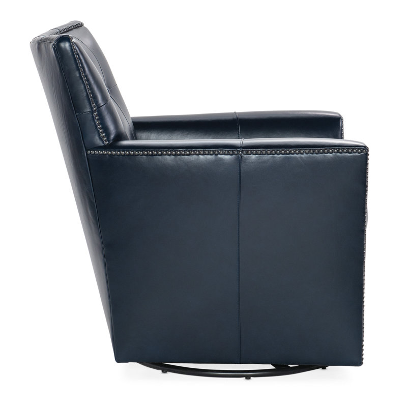 Hamptons Blue Leather Swivel Accent Chair with Nailhead Trim