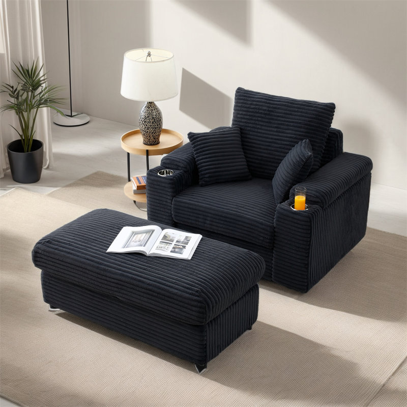 Chaise longue rembourrée avec repose-pieds, Tissu noir