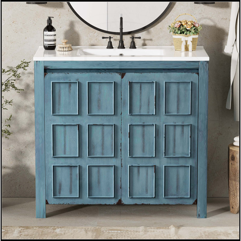 Meuble-lavabo exquis avec rangement pratique et design artistique, Bleu rétro