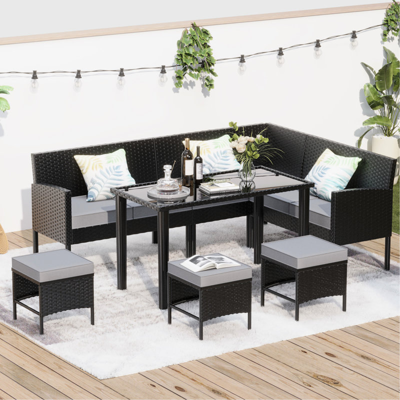 7 Backyard Furniture With Waterproof Seat Cushions, Glass Table, High-Back Ergonomic Design, All-Weather , Blue And Grey For Terrace Or Garden Patio