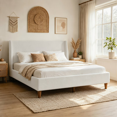 Modern Beige Velvet Upholstered Platform Bed With Wingback Headboard And Walnut Wooden Legs, No Box Spring Needed, Queen Size