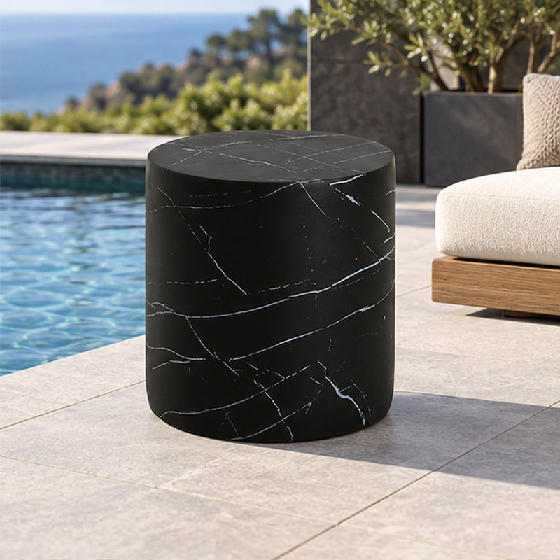 Table d'appoint d'extérieur cylindrique en béton aspect marbre noir