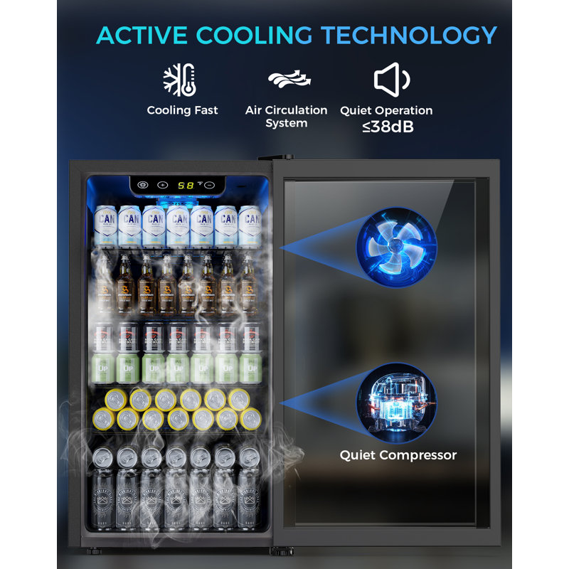 17.32'' W  3.2 Cu.ft Beverage Refrigerator, Holds 130 Cans or 20 Bottles, Stainless Steel Frame, Touch Control, 32-61℉, <38dB