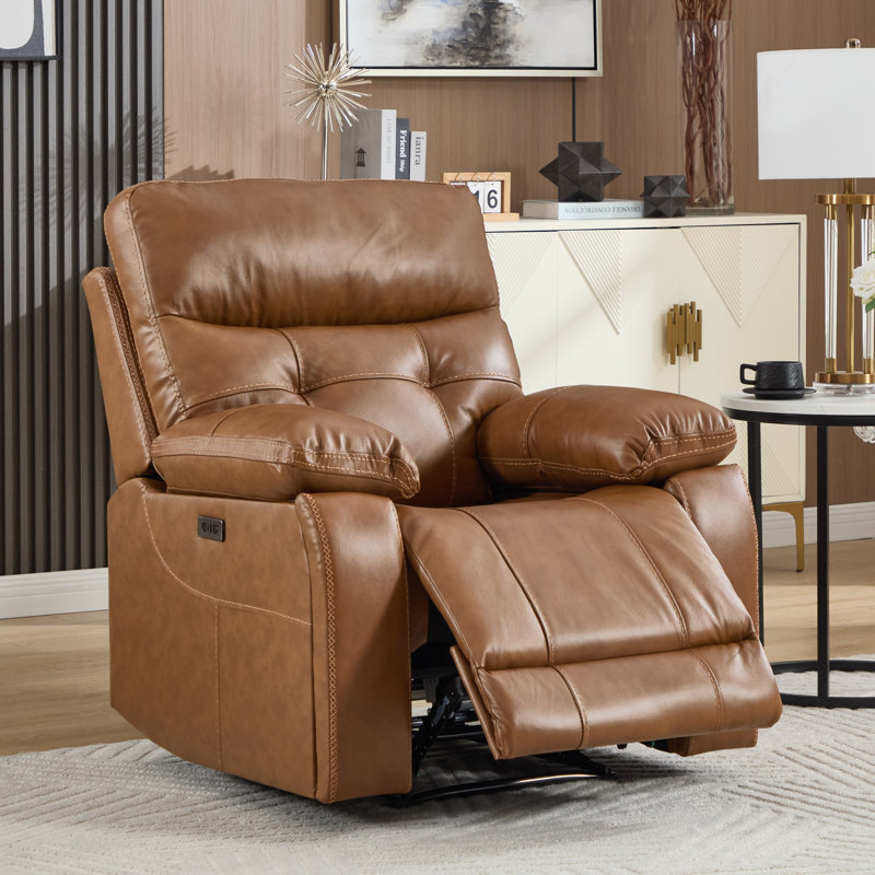 37" Wide Classic Top-Grain Leather Power Recliner with USB Port, Adjustable Reclining & Hidden Cupholders