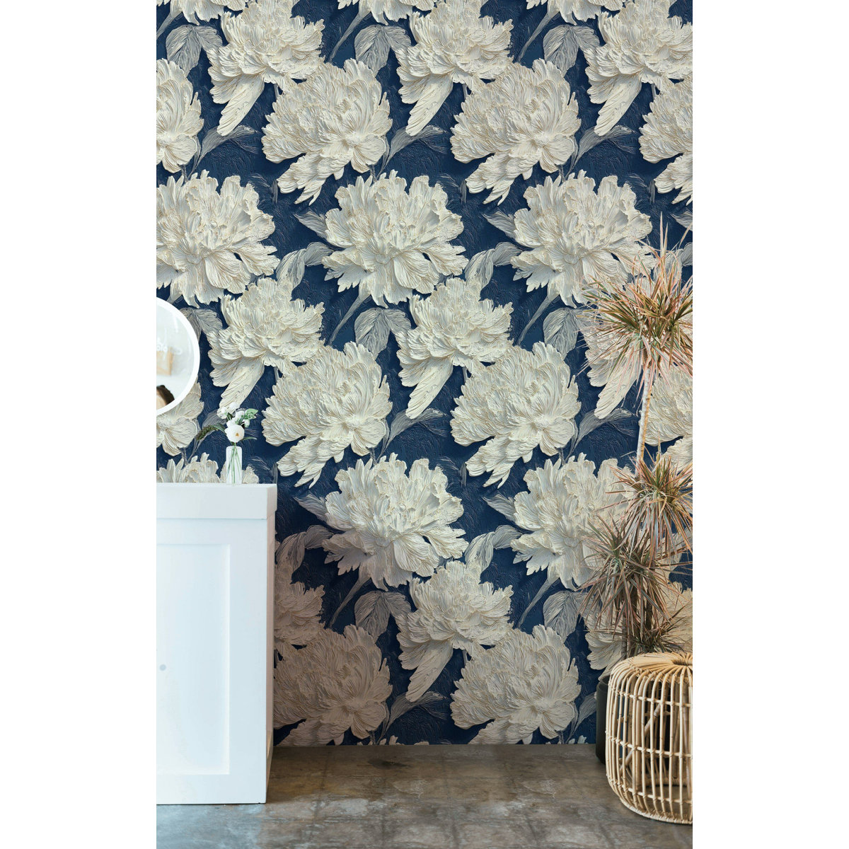 Lark Manor Floral Peony Wallpaper Textured Peel And Stick Navy Wall ...