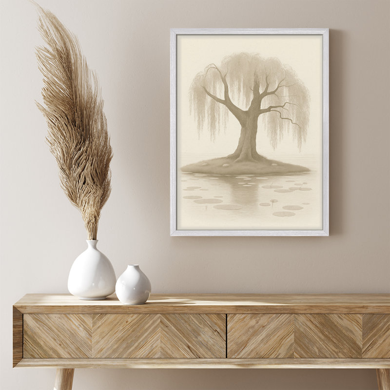 Reproduction d'art murale encadrée «Lonely Weeping Willow Tree», scène de nature tranquille pour un salon ou une chambre serein