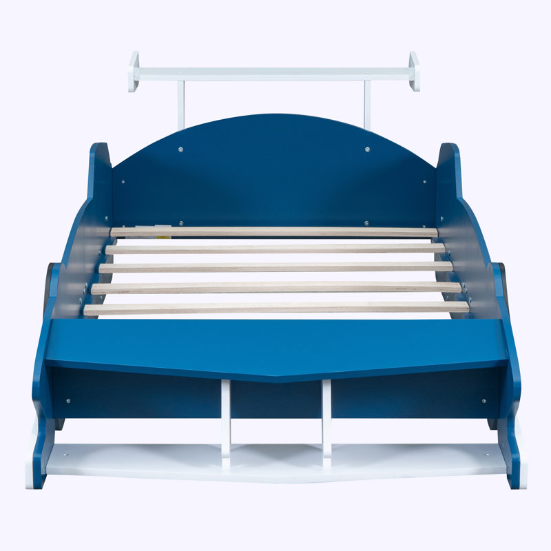 Lit plateforme avec rangement Ahtyana, Simple, Bleu / blanc
