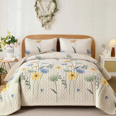3 Pieces Floral Quilt Set Lightweight Farmhouse Style Coverlet Sets For All Season