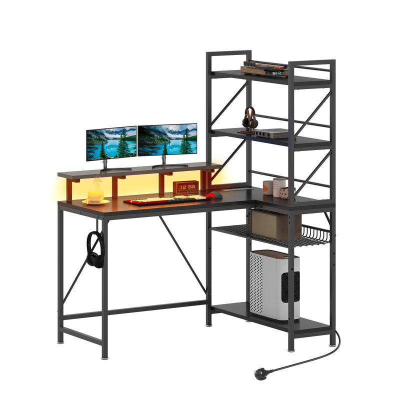 L-Shaped Metal Base Computer Desk with Power Outlet