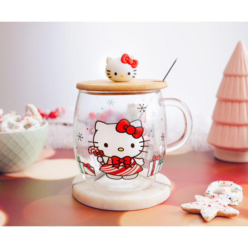 Sanrio Hello Kitty Holiday 17-Ounce Glass Coffee Mug With Lid and Spoon