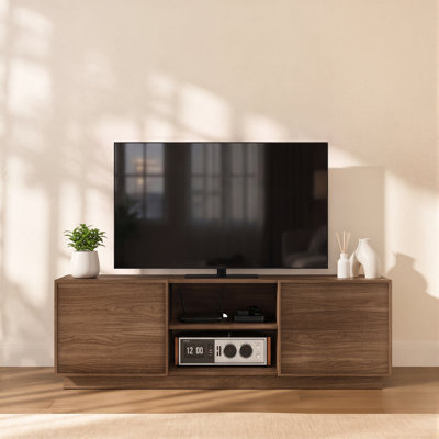 Meuble télé moderne en bois de 137 cm de large avec rangement, centre multimédia pour téléviseurs jusqu'à 152 cm de hauteur.