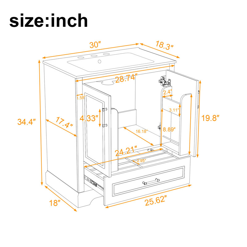 Freestanding 30" Bathroom Vanity With Ceramic Top, Green