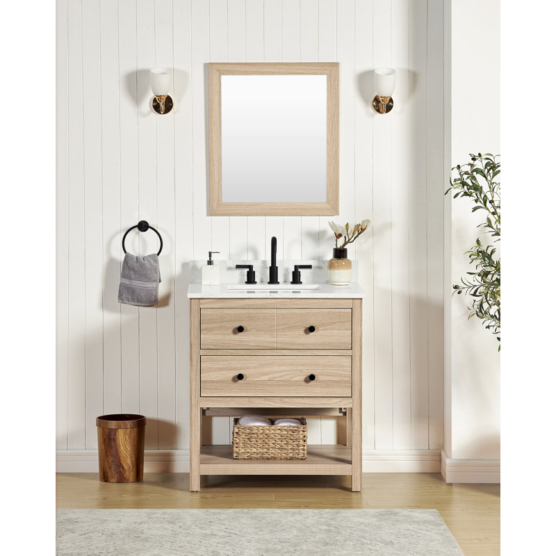 Meuble-lavabo simple Encino 30 po avec comptoir, lavabo et dosseret en quartz blanc de Carrare, chêne clair, préassemblé, 77,5 cm (L) x 54,6 cm (P) x 87,6 cm (H)