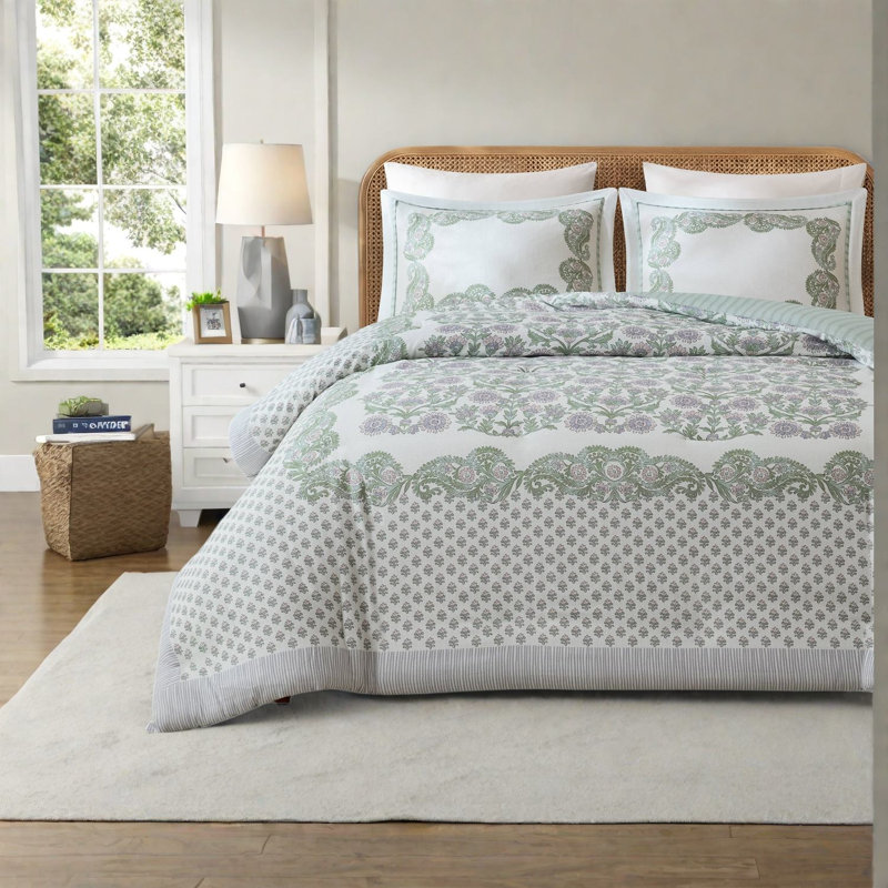 Ensemble de literie réversible vert, ensemble de couette très grand en polyester, motif floral rétro