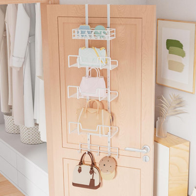 Over Door Purse Organizer With Adjustable Baskets - 5-Tier Wall Mount Handbag Holder Storage Rack With Detachable Design And BAGS Lettering