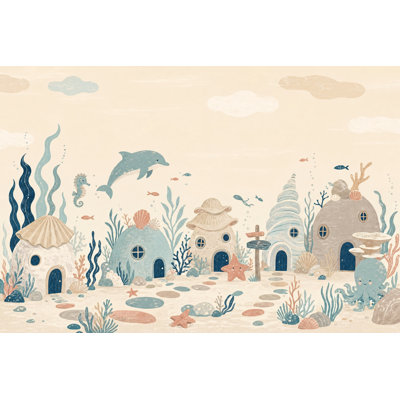 Papier peint de village sous-marin, créatures océaniques amovibles