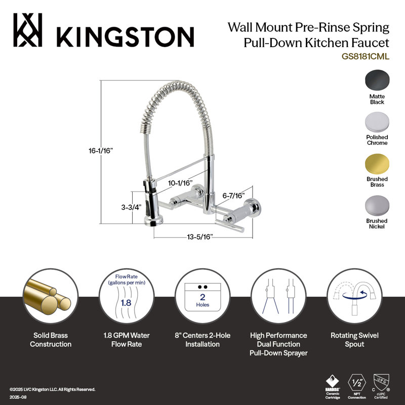 Kingston Brass Manhattan Double-Handle 2-Hole Wall-Mount Pre-Rinse Bridge Kitchen Faucet, Brushed Brass