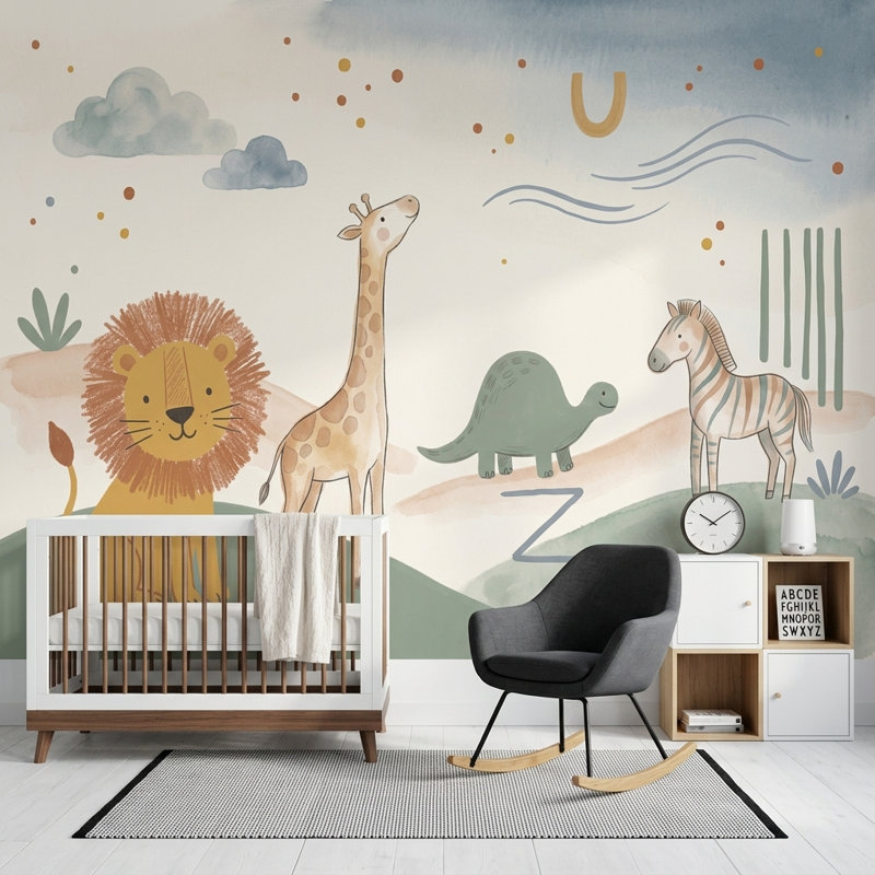 Safari, papier peint de chambre d'enfant, aquarelle, Texturé non collé, 100 po x 96 po