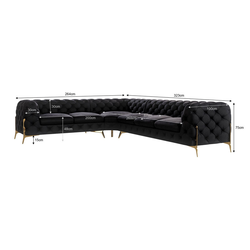 Chesterfield Corner Sofa L-Shape  with Gold Metal Legs, Black, Right Hand Facing