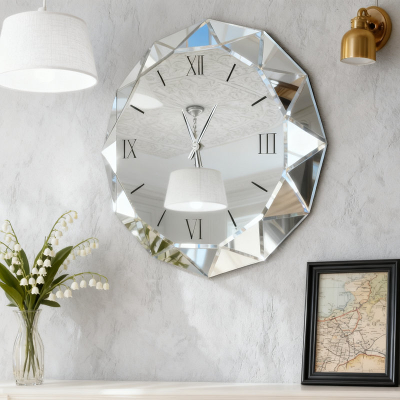 Azuriah Glass Mirrored Wall Clock 58x60cm Polygon