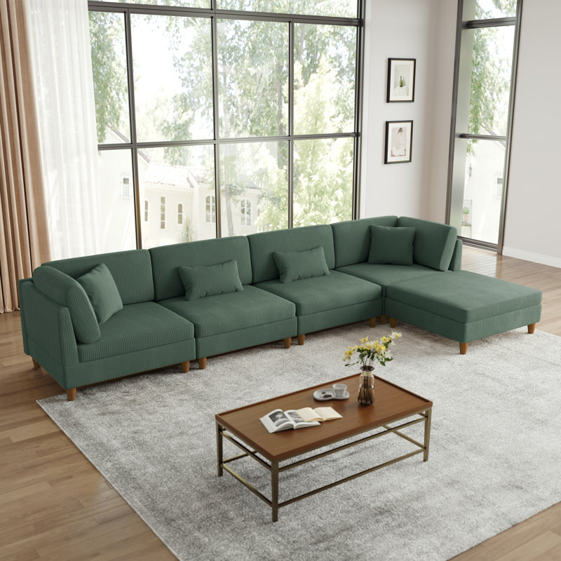 Seemab 5 - Piece Upholstered Hunter Green Corduroy Modular Sectional with Pillow Back and Removable Ottoman