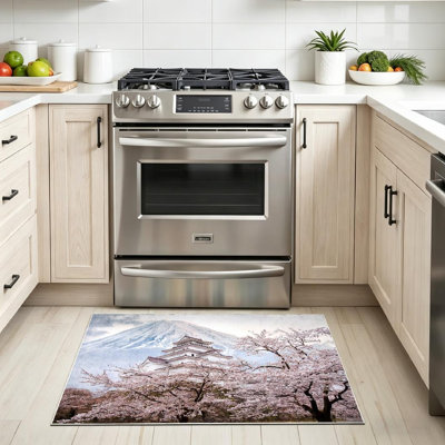 Clear Machine Washable,of Castle Sakura Trees with Mount Indoor Area Rug