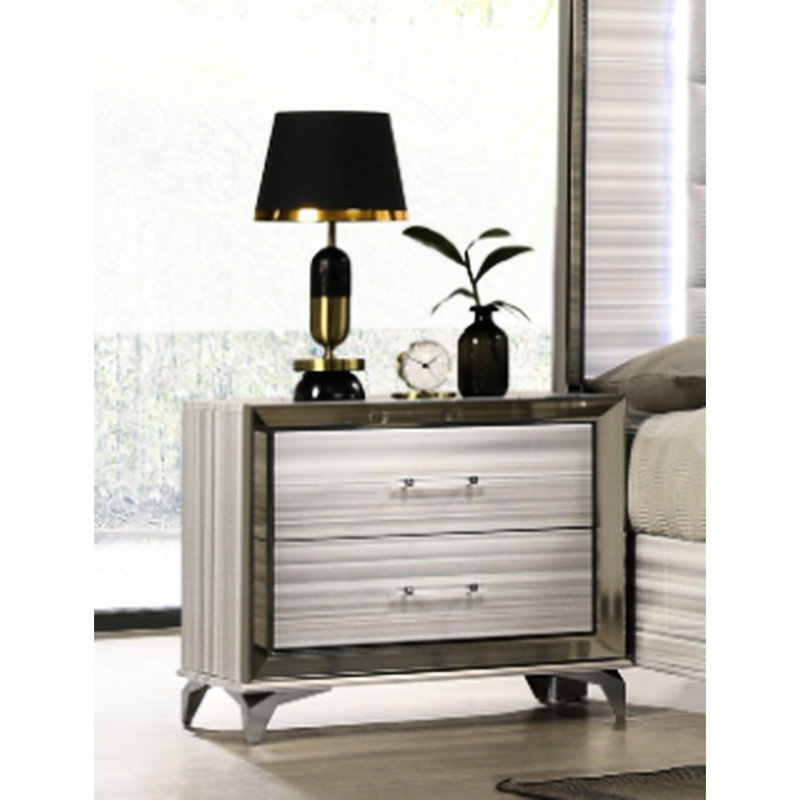 Table de chevet blanche Star avec esthétique moderne, finition blanche, rangement spacieux, DEL intégrée, 2 tiroirs, glissières à deux tiroirs: glissières de tiroir, poignée en acrylique