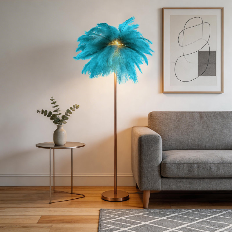 61'' LED Brass Feather Floor Lamp With Outlet, Teal Blue