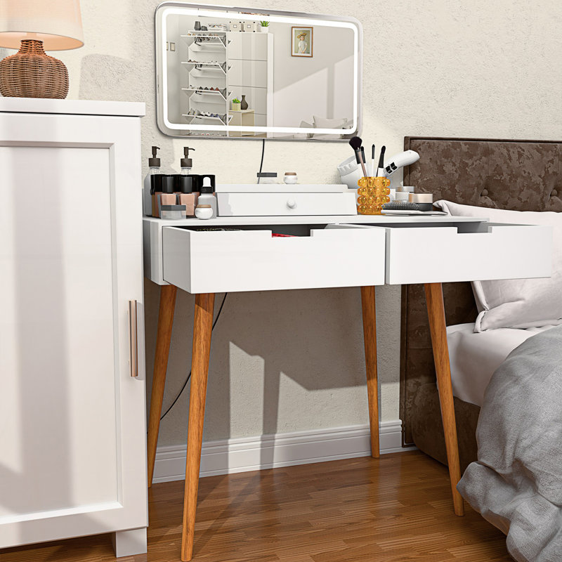 Bureau de maquillage avec miroir amovible et lumières, 3 modes de couleur et luminosité réglable