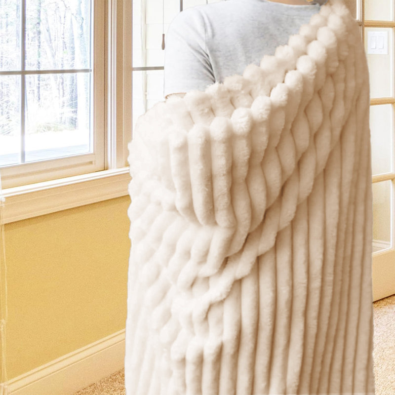 Striped Plush Lightweight Throw Blanket, Ultra Soft & Cozy for Sofa Couch Bed, Machine Washable, 100cm x 150cm, White
