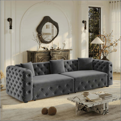 Extra Large Multifunctional Sofa Bed, 3-in-1 Pull Out Sofa, 4-Seater Classic Velvet Sofa with Tufted Design, Includes 3 Throw Pillows, Suitable for Apartments and Living Rooms