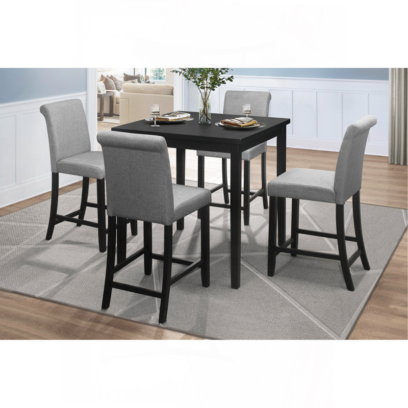 Ensemble de salle à manger à hauteur de comptoir 5 pièces, ensemble de table de salle à manger et chaises rembourrées en bois noir / gris