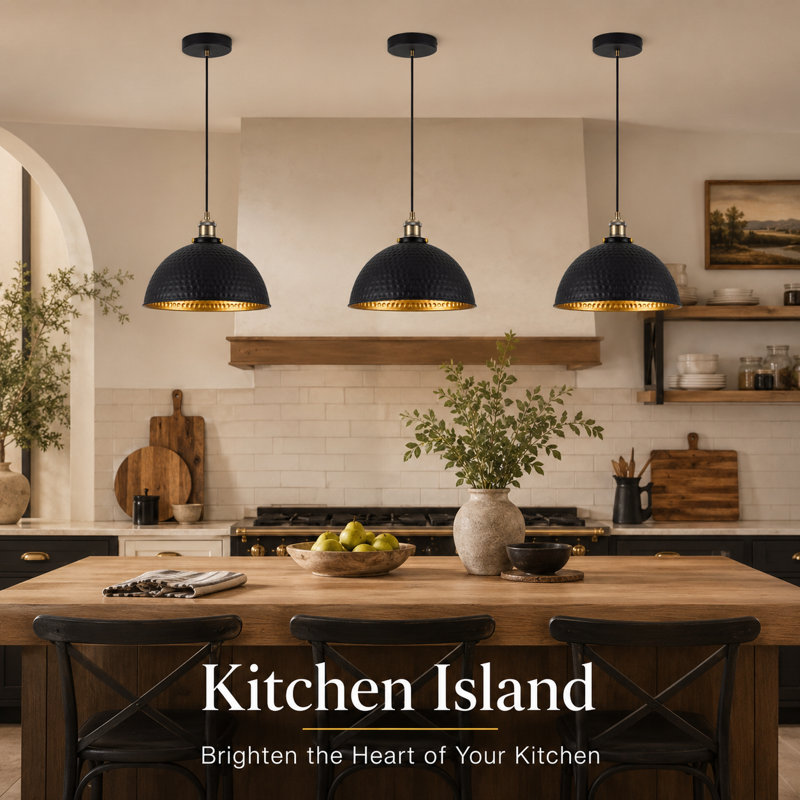  11.8 inch set of 3 Black and Gold Dome Pendant Light for Kitchen island, 67.8" H x 11.8" W x 11.8" D, Black, 3 Pack