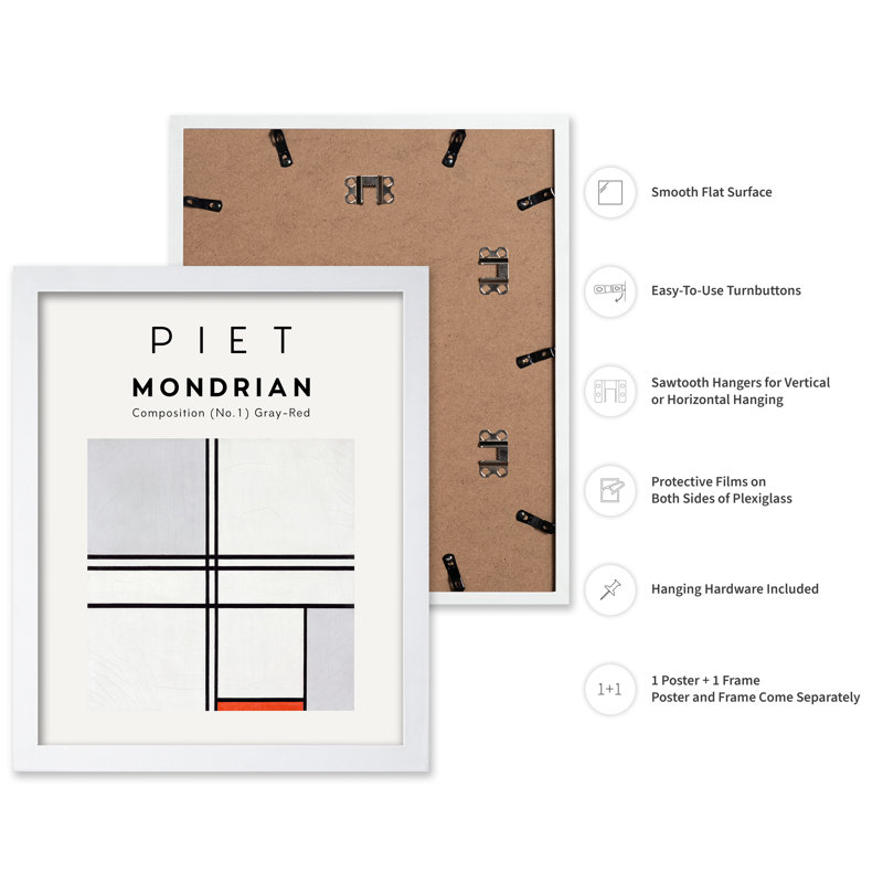 Piet Mondrian - Composition No1, Affiche, White Framed, 16"H x 20"W